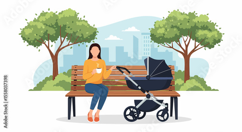 Adobe illustrator artwork vector illustration of mother sitting on park bench with stroller, enjoying coffee on a sunny day—ideal for parenting, relaxation, and outdoor lifestyle themes.