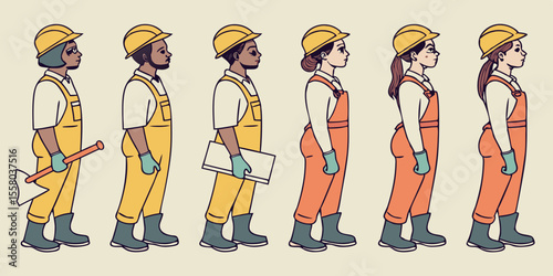 Male and female site workers wearing protective clothing and carrying industrial tools, symbolizing teamwork and readiness