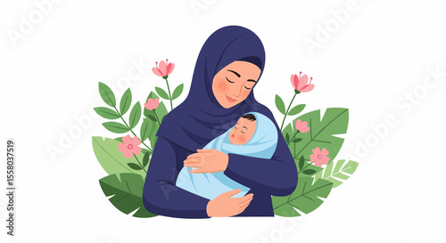 Adobe Illustrator artwork vector illustration of a loving mother hugging her baby, surrounded by floral elements, symbolizing warmth, care, and maternal love—perfect for family-themed designs.