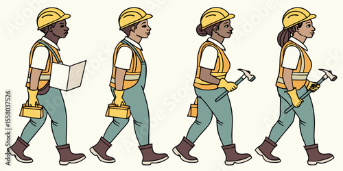 Diverse group of builders—men and women—lined up at a construction site, wearing safety apparel and gear, holding tools, ready to begin work
