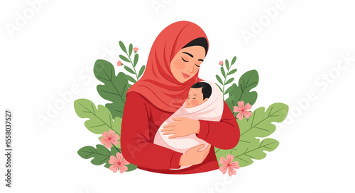 Adobe Illustrator artwork vector illustration of a loving mother hugging her baby, surrounded by floral elements, symbolizing warmth, care, and maternal love—perfect for family-themed designs.