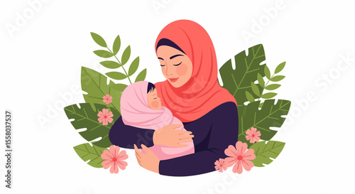 Adobe Illustrator artwork vector illustration of a loving mother hugging her baby, surrounded by floral elements, symbolizing warmth, care, and maternal love—perfect for family-themed designs.