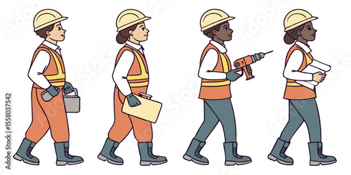 Mixed-gender construction team in full protective gear, arranged in a straight line, holding various hand and power tools, looking determined and professional