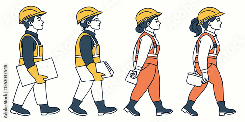 Row of construction workers, both men and women, equipped with safety gear and power tools, confidently posing at a building site