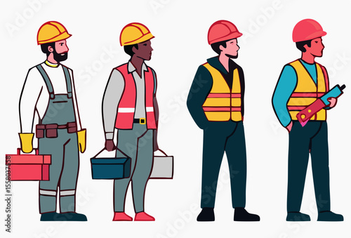 Construction workers standing in a line, wearing helmets and safety vests, each holding different tools and equipment, confidently ready for work