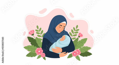 Adobe Illustrator artwork vector illustration of a loving mother hugging her baby, surrounded by floral elements, symbolizing warmth, care, and maternal love—perfect for family-themed designs.