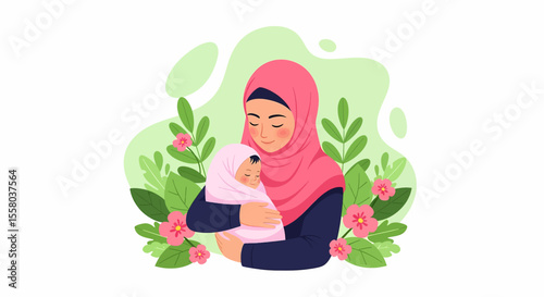 Adobe Illustrator artwork vector illustration of a loving mother hugging her baby, surrounded by floral elements, symbolizing warmth, care, and maternal love—perfect for family-themed designs.