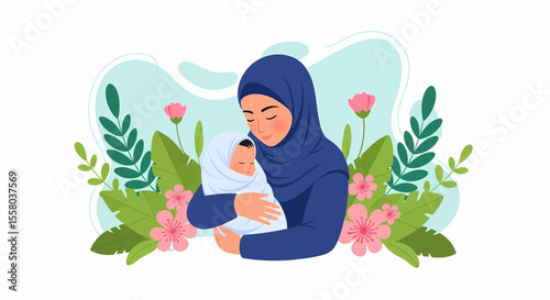 Adobe Illustrator artwork vector illustration of a loving mother hugging her baby, surrounded by floral elements, symbolizing warmth, care, and maternal love—perfect for family-themed designs.