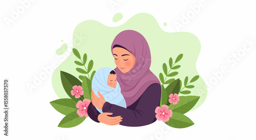 Adobe Illustrator artwork vector illustration of a loving mother hugging her baby, surrounded by floral elements, symbolizing warmth, care, and maternal love—perfect for family-themed designs.
