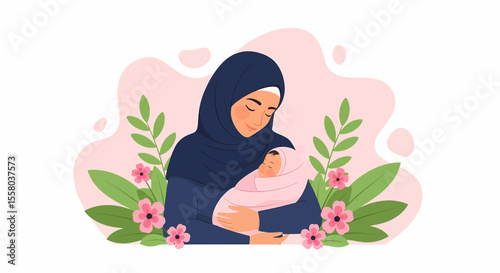 Adobe Illustrator artwork vector illustration of a loving mother hugging her baby, surrounded by floral elements, symbolizing warmth, care, and maternal love—perfect for family-themed designs.