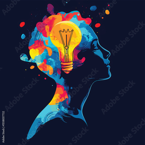Human silhouette profile picture with bulb in the head. Creative person with new idea, human brain concept, people find solution