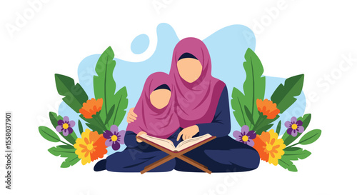 Adobe Illustrator artwork vector illustration of a mother teaching her daughter to read Al-Quran, reflecting Islamic values, love, and spiritual bonding—perfect for religious and family themes.