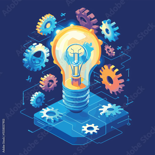 Engineering idea concept, innovation, invention and solution metaphor, light bulb with gears vector 3D isometric illustration, mechanical engine works. , vector style simple color