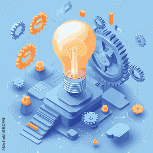 Engineering idea concept, innovation, invention and solution metaphor, light bulb with gears vector 3D isometric illustration, mechanical engine works. , vector style simple color