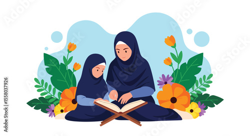 Adobe Illustrator artwork vector illustration of a mother teaching her daughter to read Al-Quran, reflecting Islamic values, love, and spiritual bonding—perfect for religious and family themes.