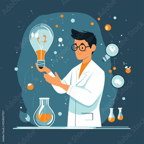 Experimentation, research or test new idea, discover success solution or experiment new business idea, innovative or invention concept, businessman with flask mixing experiment lig