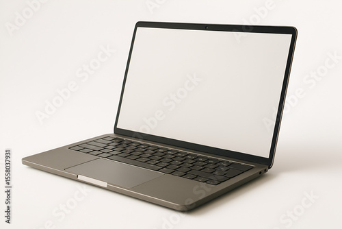 Modern Laptop Computer with Blank Screen Open Angled and Isolated.