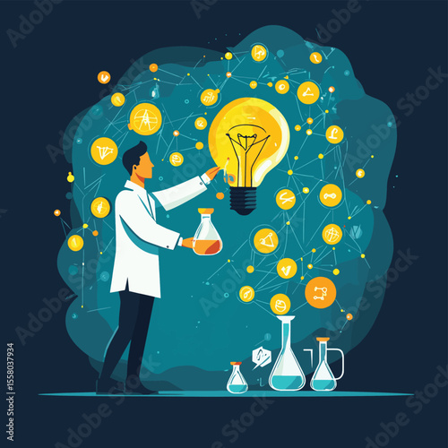 Experimentation, research or test new idea, discover success solution or experiment new business idea, innovative or invention concept, businessman with flask mixing experiment lig