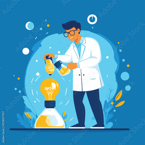 Experimentation, research or test new idea, discover success solution or experiment new business idea, innovative or invention concept, businessman with flask mixing experiment lig