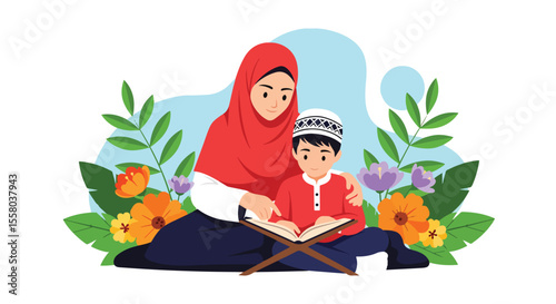 Adobe Illustrator artwork vector illustration of a mother teaching her son to read Al-Quran, surrounded by floral elements, symbolizing Islamic education, love, and spiritual connection.