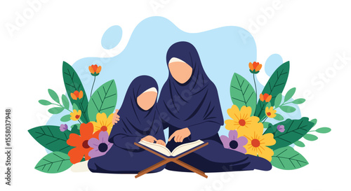 Adobe Illustrator artwork vector illustration of a mother teaching her daughter to read Al-Quran, reflecting Islamic values, love, and spiritual bonding—perfect for religious and family themes.