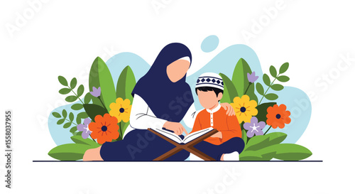 Adobe Illustrator artwork vector illustration of a mother teaching her son to read Al-Quran, surrounded by floral elements, symbolizing Islamic education, love, and spiritual connection.