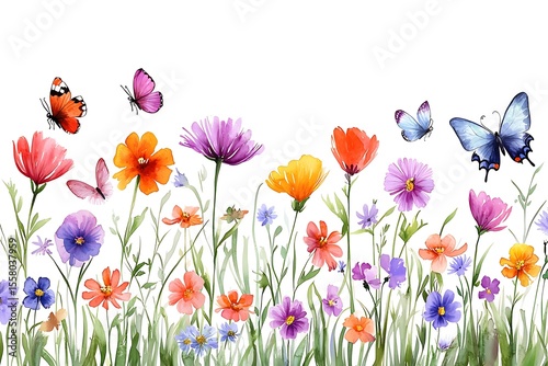Vibrant Wildflower Garden with Colorful Butterflies in a Bright Background Scene