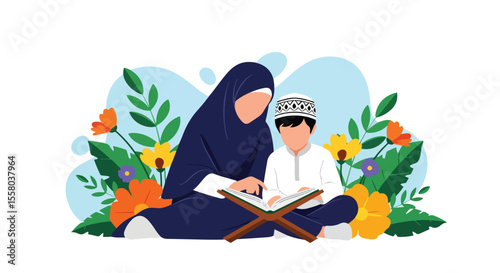 Adobe Illustrator artwork vector illustration of a mother teaching her son to read Al-Quran, surrounded by floral elements, symbolizing Islamic education, love, and spiritual connection.
