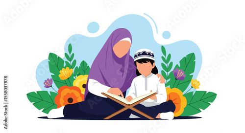 Adobe Illustrator artwork vector illustration of a mother teaching her son to read Al-Quran, surrounded by floral elements, symbolizing Islamic education, love, and spiritual connection.