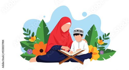 Adobe Illustrator artwork vector illustration of a mother teaching her son to read Al-Quran, surrounded by floral elements, symbolizing Islamic education, love, and spiritual connection.