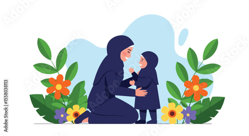 Adobe Illustrator artwork vector illustration of a hijab mother with her daughter sharing a tender moment in a floral setting, symbolizing love, care, and Islamic family values
