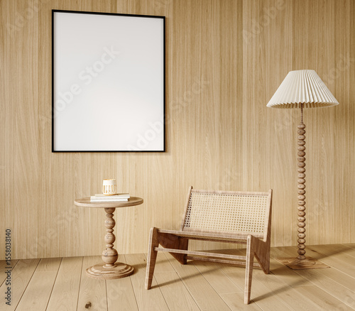 Vertical Wooden Frame Mockup on Light Wood Wall in Scandinavian Interior with Armchair, Side Table and Floor Lamp