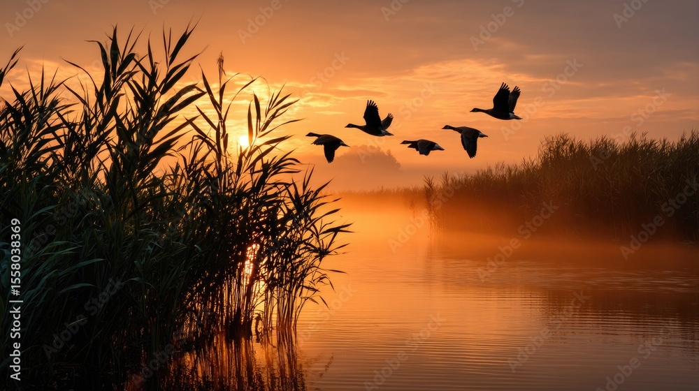 Obraz premium A wetland scene at dawn with wild birds soaring gracefully above a mist-covered marsh