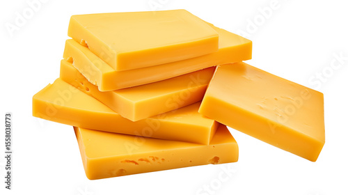 Stacked cheddar cheese slices against transparent backdrop showcase dairy richness and culinary versatility, transparent background