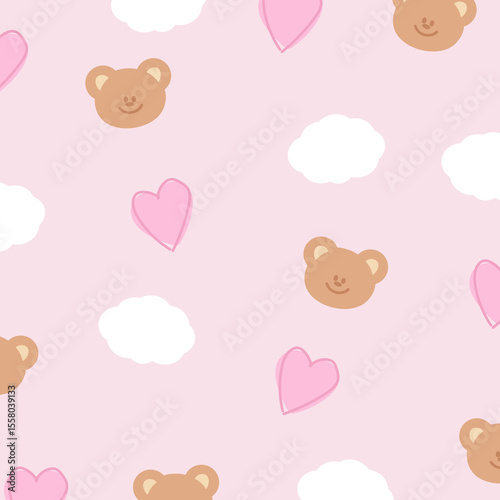 Illustration of teddy bear, heart, cloud on pastel pink background for wallpaper, backdrop, spring, summer, fabric, garment, textile, duvet, pyjamas, paper, book cover, animal print, Valentine's Day