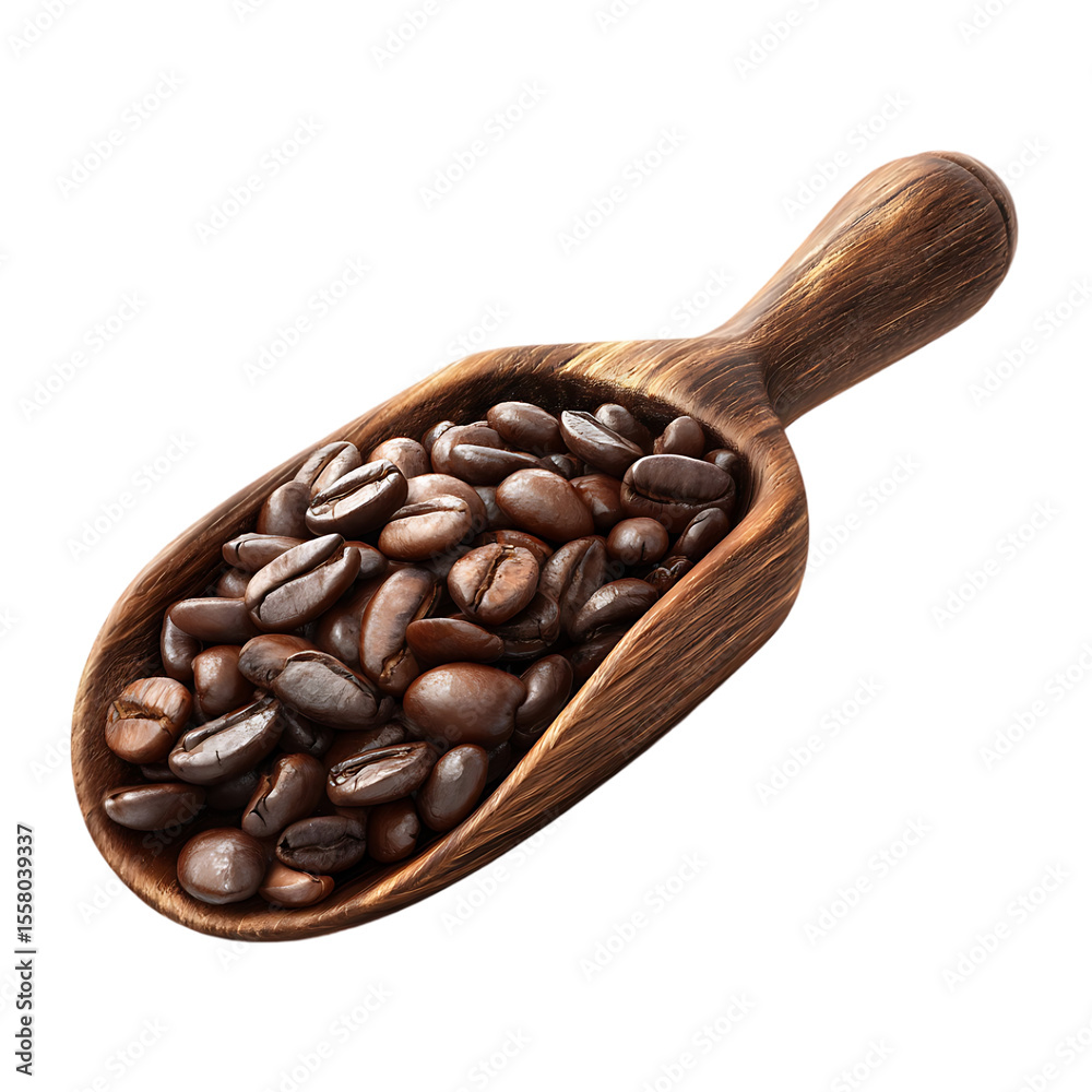 Fototapeta premium Roasted coffee beans in a wooden scoop