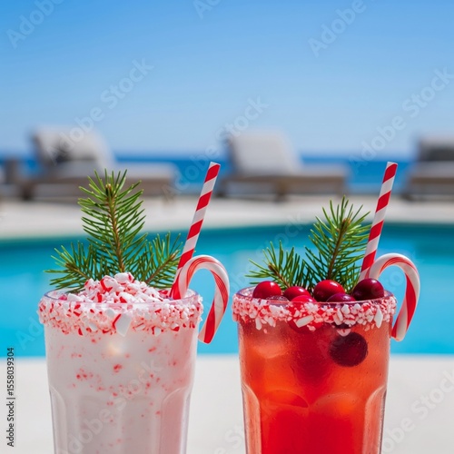 Festive Holiday Drinks by the Pool - Cranberry Cocktails with Christmas Decorations