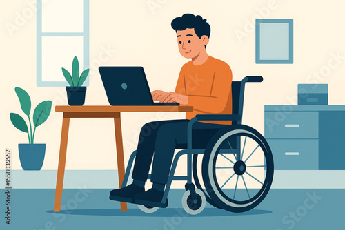 Young Man in Wheelchair Working on Laptop at Desk Minimalist Colorful Office Vector Illustration