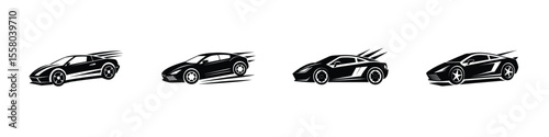 Simple Flat Artwork of Fast Sports Car Accelerating Out Silhouette on White Background
