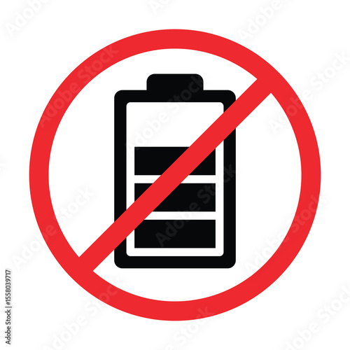 Forbidden Sign With Battery Icon, No Battery Allowed Sign, Battery Prohibition Symbol Vector Icon.