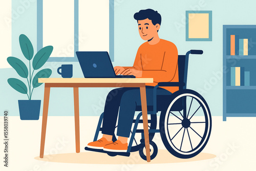 Young Man in Wheelchair Working on Laptop at Desk Minimalist Colorful Office Vector Illustration