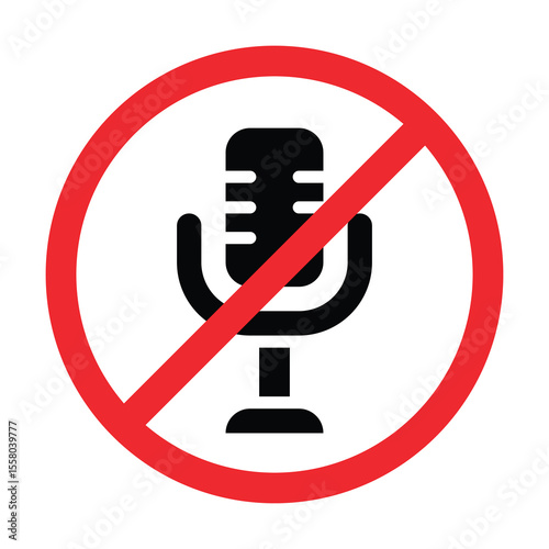 Microphone Crossed Out Icon, Microphone Button Disabled, Do Not Speak, No Recording Sign, Black Microphone Closed Out Red Prohibited Sign Isolated On White Background. 