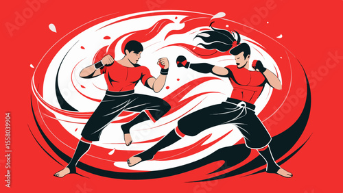 Dynamic Martial Arts Illustrations – High-Impact Combat Poses on Red Background