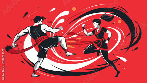 Dynamic Martial Arts Illustrations – High-Impact Combat Poses on Red Background
