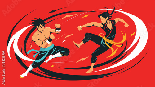 Dynamic Martial Arts Illustrations – High-Impact Combat Poses on Red Background