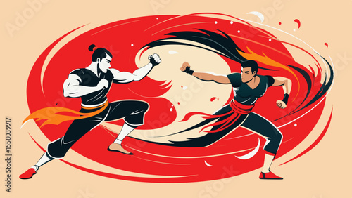 Dynamic Martial Arts Illustrations – High-Impact Combat Poses on Red Background