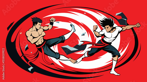 Dynamic Martial Arts Illustrations – High-Impact Combat Poses on Red Background