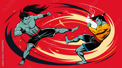 Dynamic Martial Arts Illustrations – High-Impact Combat Poses on Red Background