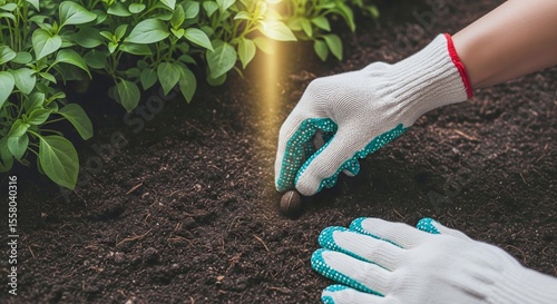 Planting Seeds in Garden Soil - Gardening Hands with Gloves