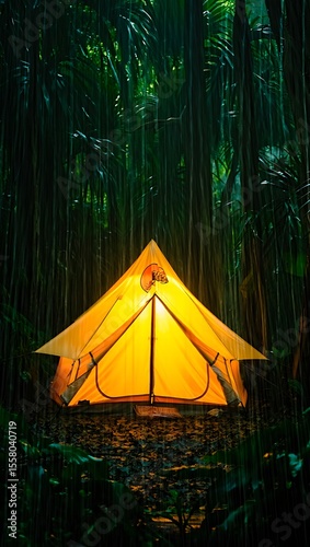 Wallpaper Mural A bright orange tent glows warmly in a dark lush jungle during a heavy rainstorm creating a cozy and inviting shelter amidst the wilderness Torontodigital.ca